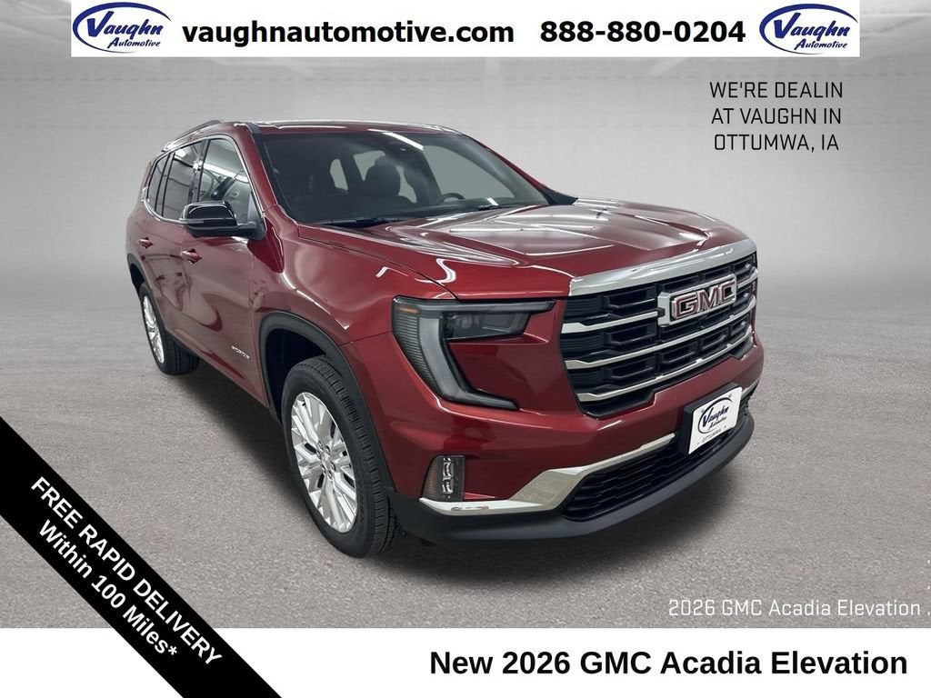 2026 GMC Acadia Elevation in Volcanic Red Tintcoat — front three-quarter view