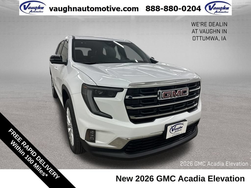 2026 GMC Acadia Elevation in Summit White — front three-quarter view