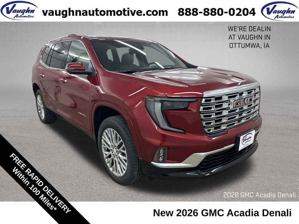 2026 GMC Acadia Denali in Volcanic Red Tintcoat — front three-quarter view