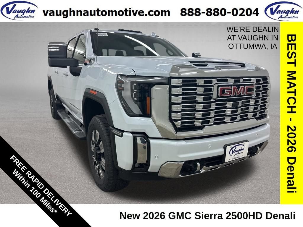 2026 GMC Sierra 2500 HD Denali in Glacier White Tricoat — front three-quarter view