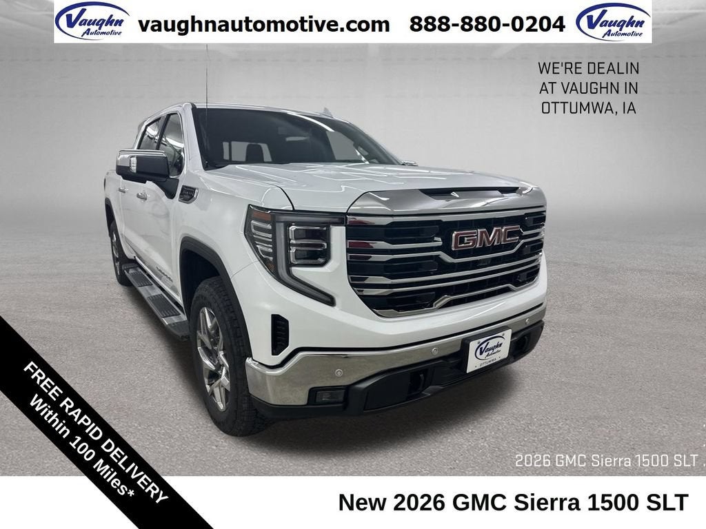 2026 GMC Sierra 1500 SLT in Summit White — front three-quarter view