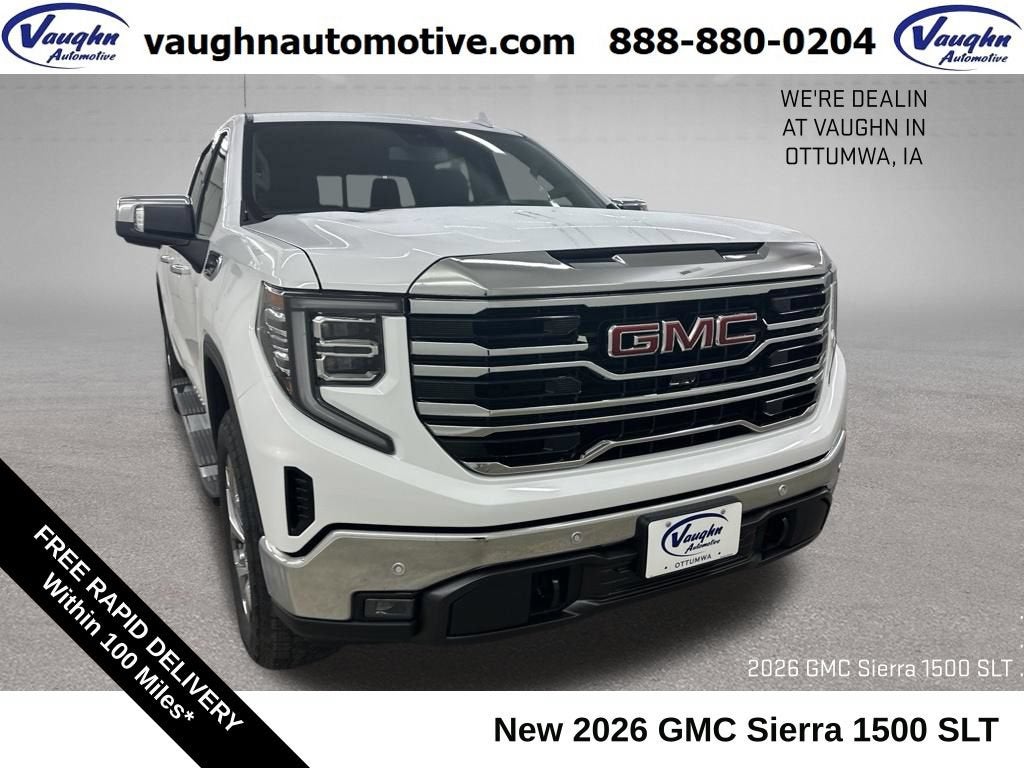 2026 GMC Sierra 1500 SLT in Summit White — front three-quarter view
