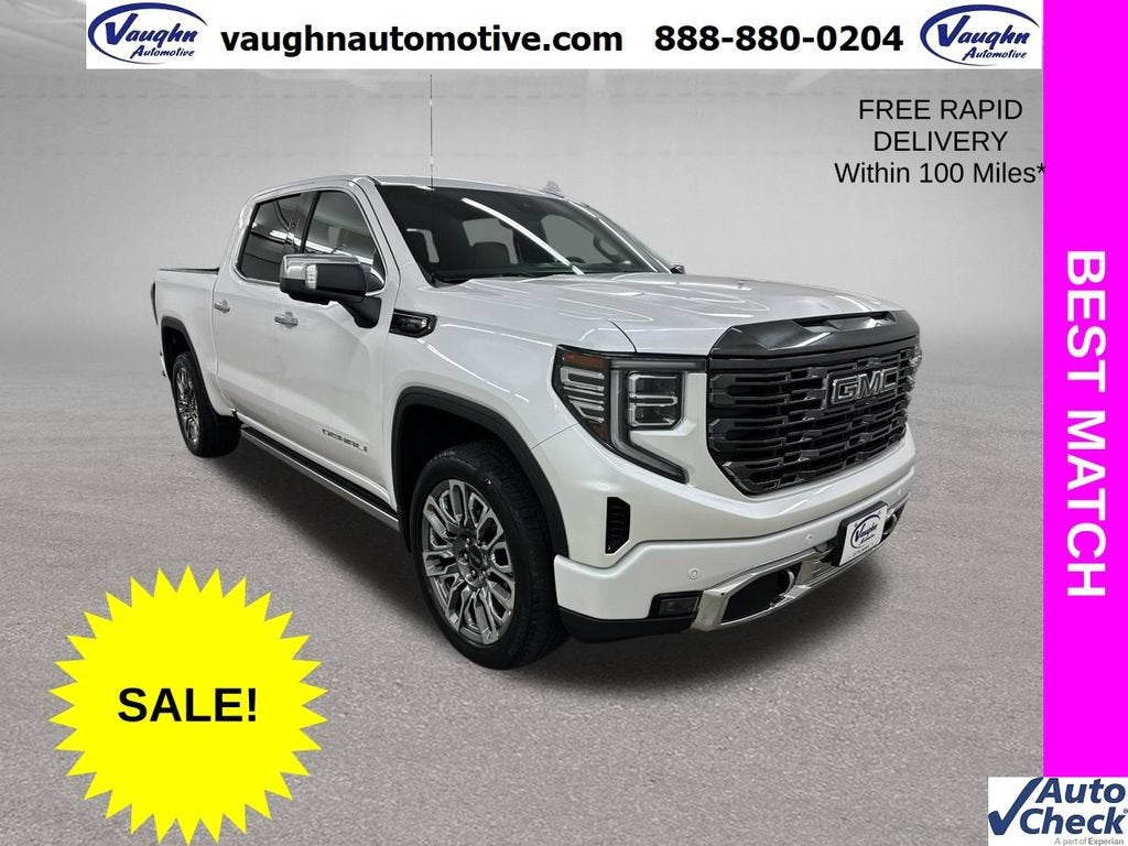 2023 GMC Sierra 1500 Denali Ultimate in White Frost Tricoat — front three-quarter view