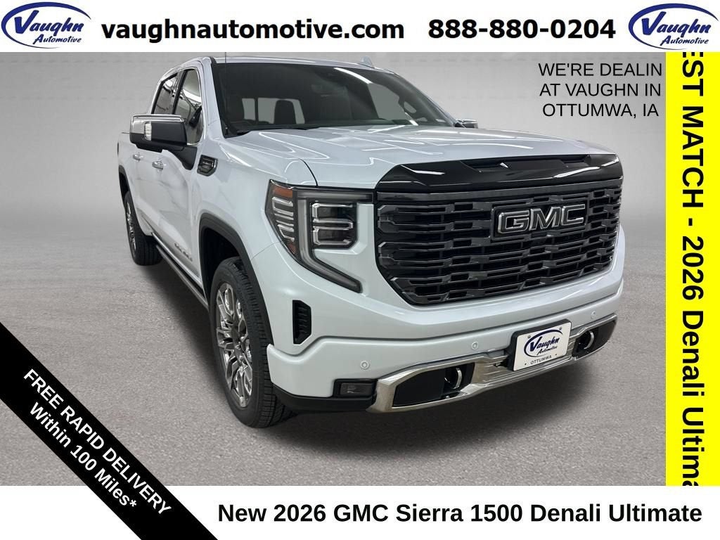 2026 GMC Sierra 1500 Denali Ultimate in Glacier White Tricoat — front three-quarter view