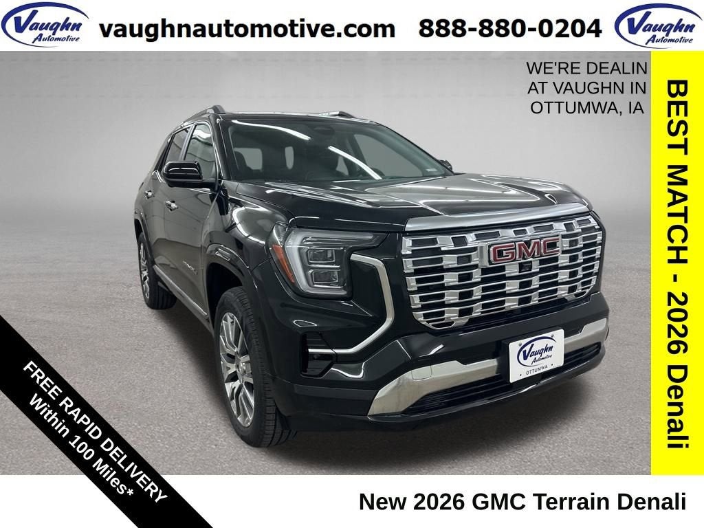 2026 GMC Terrain Denali in Ebony Twilight Metallic — front three-quarter view