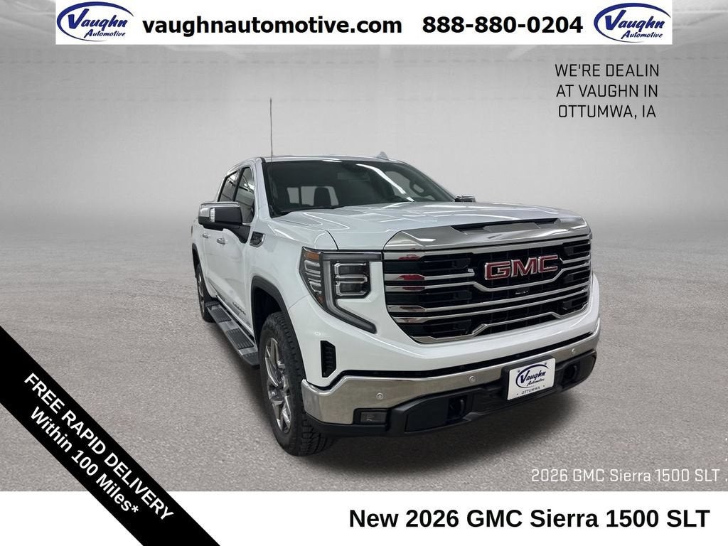 2026 GMC Sierra 1500 SLT in Summit White — front three-quarter view