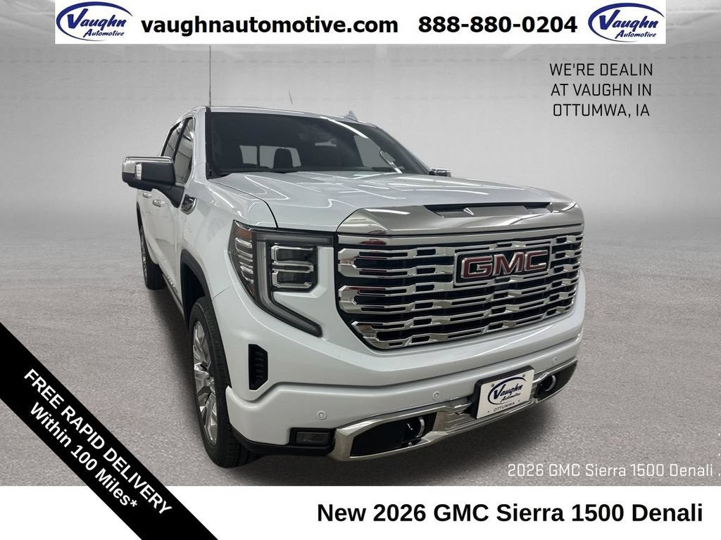 2026 GMC Sierra 1500 Denali in Glacier White Tricoat — front three-quarter view