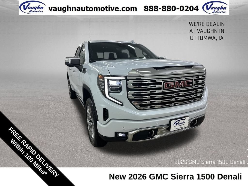 2026 GMC Sierra 1500 Denali in Glacier White Tricoat — front three-quarter view
