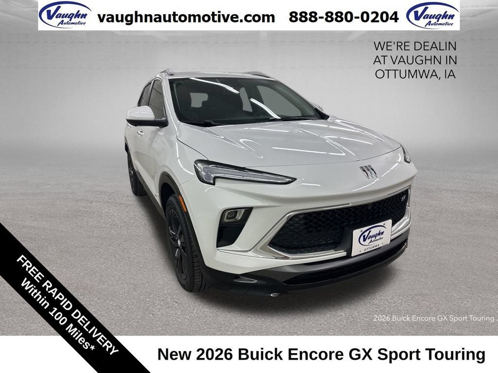 2026 Buick Encore GX Sport Touring in Summit White — front three-quarter view