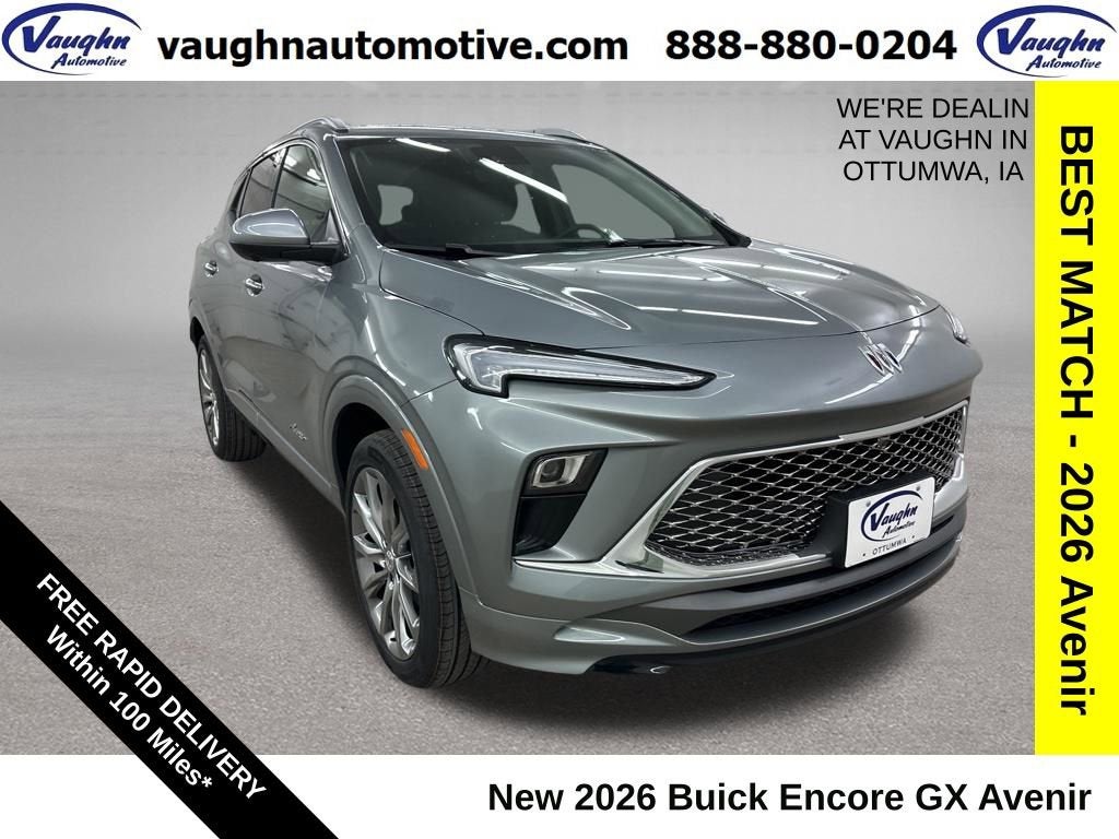 2026 Buick Encore GX Avenir in Moonstone Gray Metallic — front three-quarter view